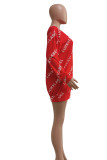 Röd Mode Casual Letter Print Basic O-hals långärmade klänningar