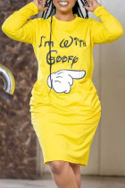 Robes jaunes à jupe une étape, imprimé décontracté, Patchwork, col rond, mode