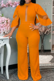 Orange Fashion Casual Solid Patchwork See-through Half A Turtleneck Regular Jumpsuits