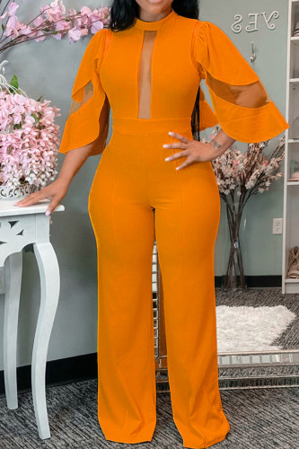 Orange Fashion Casual Solid Split Joint See-through Half A Turtleneck Regular Jumpsuits