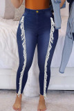 Diepblauwe street solid kwastje patchwork skinny jeans met hoge taille