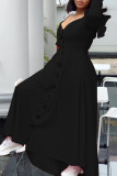 Черное повседневное милое однотонное платье на бретельках с пряжкой в ​​стиле пэчворк и воланами.