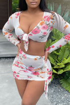 White Sexy Print Patchwork V Neck Long Sleeve Two Pieces