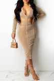 Khaki Sexy Solid Hollowed Out Patchwork Buckle Turndown Collar One Step Skirt Dresses