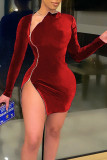 パープルファッションカジュアルソリッドパッチワークOネックペンシルスカートドレス