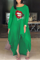 Vestidos de manga larga con cuello en O asimétrico y estampado informal verde