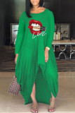 Grüne, lässige, bedruckte, asymmetrische, langärmlige Patchwork-Kleider mit O-Ausschnitt