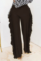 Calças retas de cor sólida com borla preta moda cintura alta retas