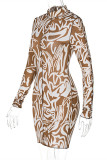 Brown Fashion Sexy Print Basic Turtleneck Long Sleeve Dresses