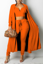 Tre pezzi di moda arancione sexy tinta unita con scollo a V e maniche lunghe