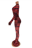 Бордовый модный повседневный полосатый принт с круглым вырезом и длинным рукавом из двух частей