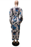 Blue Fashion Casual Print Basic V Neck Long Sleeve Dresses