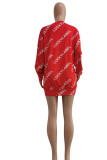 Vestidos de manga larga con cuello en O básicos con estampado de letras informales de moda roja