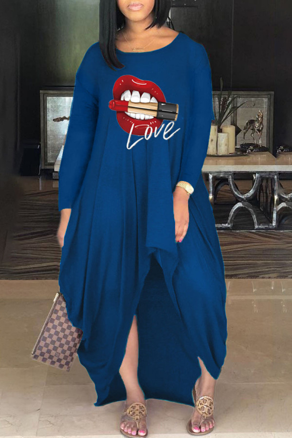 Vestidos de manga larga con cuello en O asimétrico y estampado informal azul