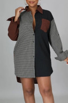 Braune, lässige Hemdblusenkleider im britischen Stil mit Patchwork-Taschenschnalle und Umlegekragen
