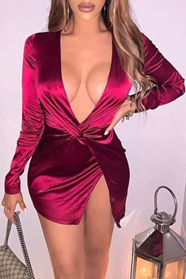 Burgundy Fashion Sexy Solid Patchwork V Neck Wrapped Skirt Dresses