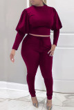 Burgundy Casual Solid Patchwork O Neck Long Sleeve Two Pieces