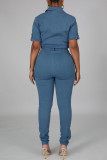 Baby Blue Fashion Casual Solid mit Gürtel Umlegekragen Regular Jumpsuits