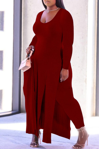 Burgundy Fashion Casual Solid Slit O Neck Plus Size Two Pieces