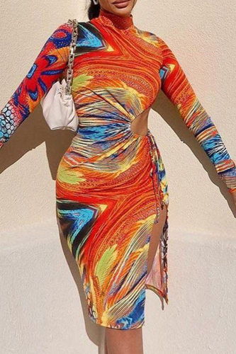 Tangerine Red Sexy Print Hollowed Out Half A Turtleneck Pencil Skirt Dresses