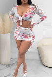 White Sexy Print Patchwork V Neck Long Sleeve Two Pieces