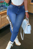 Medium blauwe mode straat effen patchwork grote maten jeans