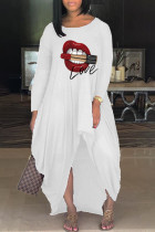 Белые повседневные лоскутные платья с асимметричным круглым вырезом и длинным рукавом с принтом