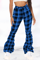 Pantalones con estampado completo de altavoz de cintura media con corte de bota de patchwork a cuadros sexy azul