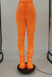 Calças casuais de cintura alta casual moda laranja com dobra sólida