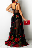 Black British Style Embroidery Patchwork See-through Spaghetti Strap Straight Dresses