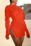 Rojo sexy sólido patchwork cremallera cremallera cuello un paso falda vestidos