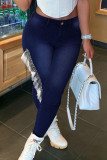 Jeans Médio Azul Fashion Street Sólido Patchwork Plus Size