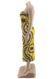 Gouden mode sexy plus size print uitgeholde rugloze schuine kraag jurken met lange mouwen