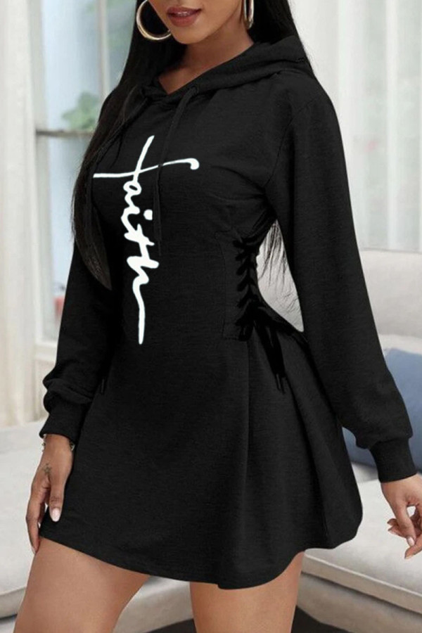 Black Casual Print Patchwork Frenulum Hooded Collar A Line Dresses