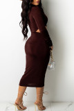 Deep Red Sexy Solid Hollowed Out Patchwork Buckle Turndown Collar One Step Skirt Dresses