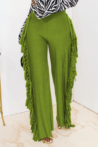 Calças retas de cor sólida com borla verde moda cintura alta retas