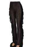 Calças pretas moda sexy patchwork transparentes regulares de cintura alta largas
