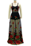 Black British Style Embroidery Patchwork See-through Spaghetti Strap Straight Dresses