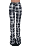 Pantalones con estampado completo de altavoz de cintura media con corte de bota de patchwork a cuadros sexy en blanco y negro