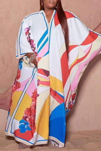 Multicolor Fashion Casual Print Basic V Neck Long Sleeve Plus Size Dresses