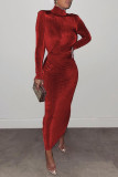Celebridades da moda vermelha com retalhos sólidos meia gola alta vestidos de saia de um passo