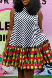 Mehrfarbiges, modisches, lässiges, ärmelloses Kleid mit Patchwork-Print in Übergröße und O-Ausschnitt