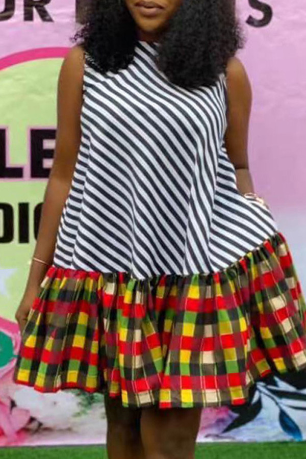 Veelkleurige mode-casual grote maat print patchwork mouwloze jurk met o-hals