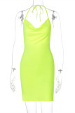 Grün-Gelb-reizvoller fester Verband-rückenfreies Schlitz-Halter-ärmelloses Kleid