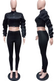 Black Casual Solid Patchwork Fold Long Sleeve Two Pieces