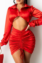 Rouge Sexy Solide Patchwork Col Rabattu Manches Longues Deux Pièces