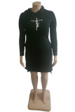 Zwarte mode casual print spleet capuchon kraag lange mouw plus size jurken
