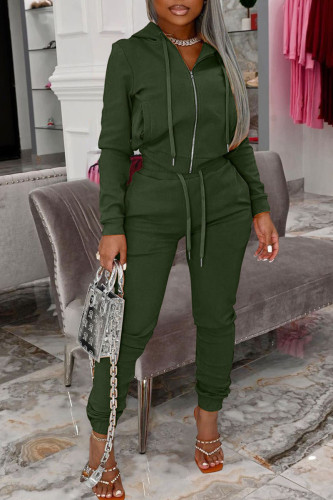 Green Casual Hooded Collar Long Sleeve Crop Jackets And Skinny Pants Two Pieces Jogger Set