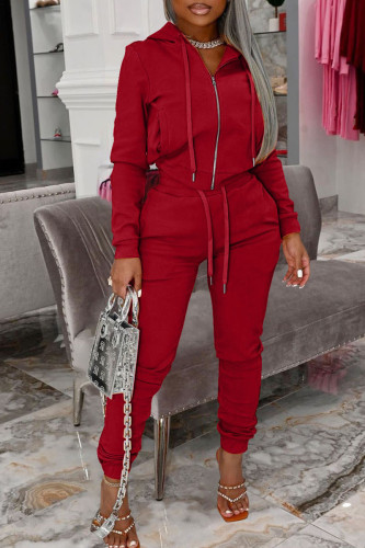 Red Casual Hooded Collar Long Sleeve Crop Jackets And Skinny Pants Two Pieces Jogger Set