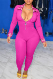 ピンクのファッションカジュアルパッチワークベーシックジッパーカラースキニージャンプスーツ